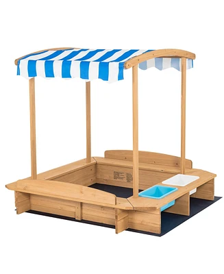 Kids Wooden Sandbox with Striped Canopy