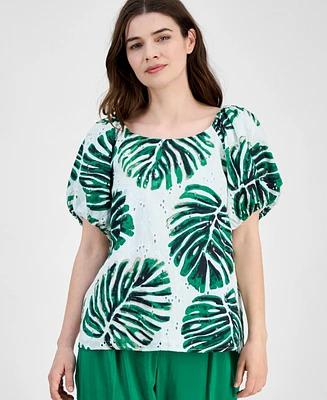 Anne Klein Women's Cotton Eyelet-Embroidered Leaf-Print Top