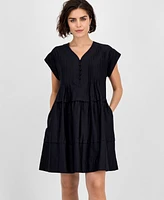 Robbie Bee Women's Short-Sleeve Pintuck Cotton Babydoll Dress
