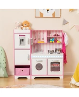 Kids Kitchen Playset Wooden Toy with Adjustable Led Lights and Washing Machine
