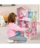 Kids Wooden Dollhouse Playset with 5 Simulated Rooms and 10 Pieces of Furniture