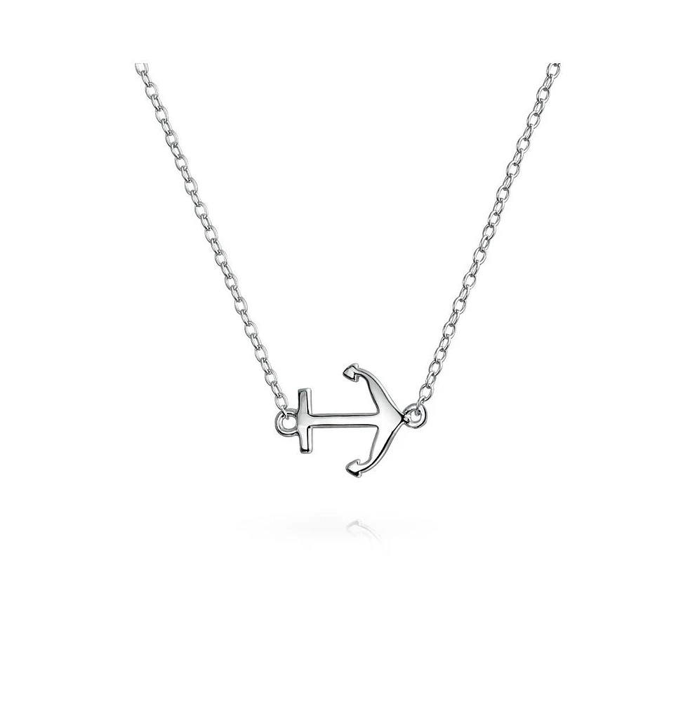 Bling Jewelry Minimalist Tiny Nautical Ocean Vacation Diagonal Sideways Boat Anchor Pendant Necklace .925 Sterling Silver