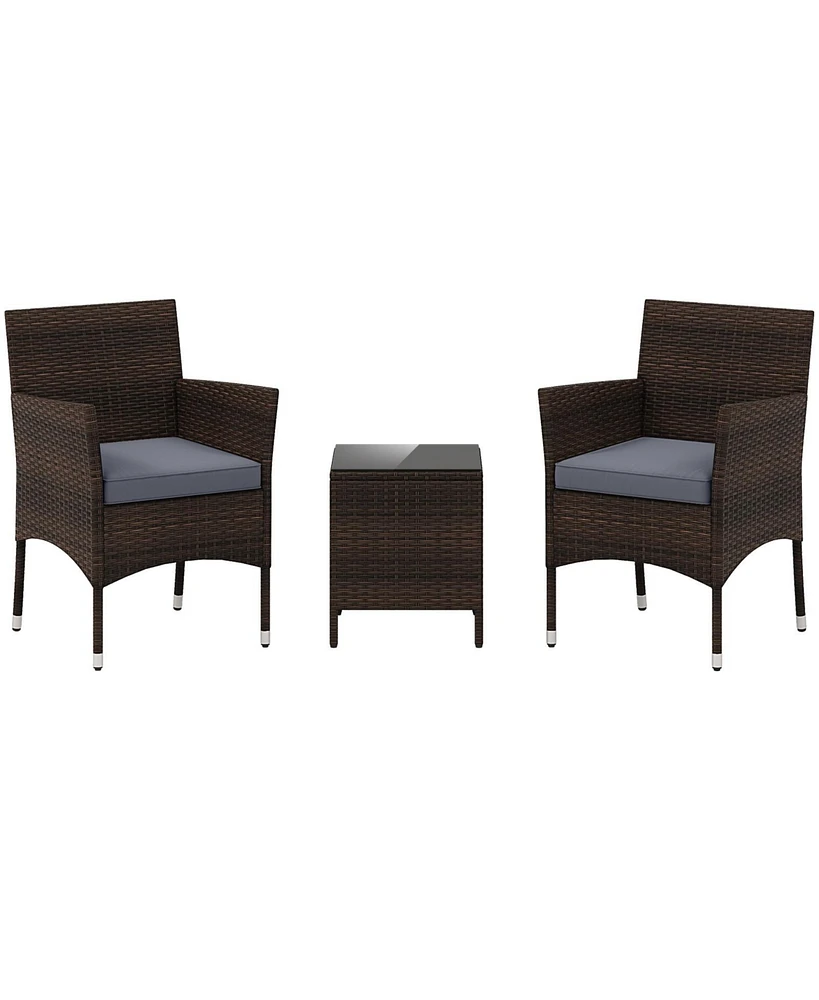 3 Pieces Outdoor Conversation Set with Cushioned Seat and Glass Tabletop