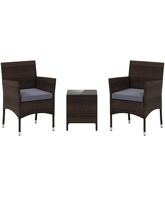 3 Pieces Outdoor Conversation Set with Cushioned Seat and Glass Tabletop