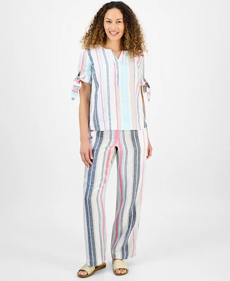 Charter Club Petite Striped Drawstring Linen Pants, Exclusively at Macy's