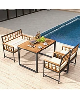 Gymax 4 Pcs Acacia Wood Patio Dining Set w/ 1 Rectangular Table 1 Loveseat & 2 Armchairs
