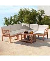 6 Pieces Acacia Wood Patio Furniture Set with Cushions and 2-Tier Coffee Table-White