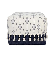 18" Natural and Navy Blue Cotton Medallion Pouf Ottoman
