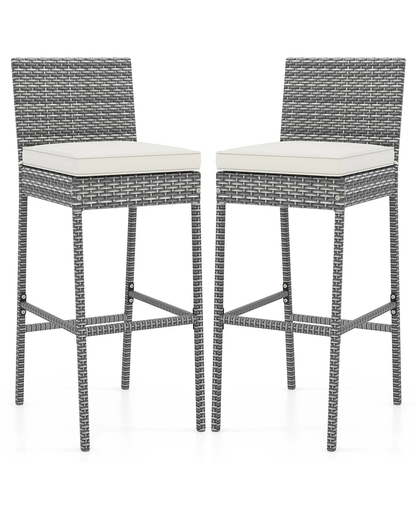 Set of 2 Patio Wicker Barstools with Soft Seat Cushion and Cozy Footrest