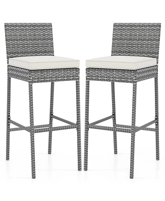Set of 2 Patio Wicker Barstools with Soft Seat Cushion and Cozy Footrest
