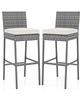 Set of 2 Patio Wicker Barstools with Soft Seat Cushion and Cozy Footrest