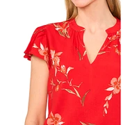 CeCe Women's Floral Print Flutter-Sleeve Blouse