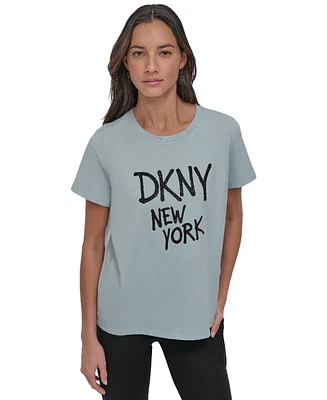 Dkny Women's Rhinestone Graffiti Relaxed Fit Round Neck T-Shirt