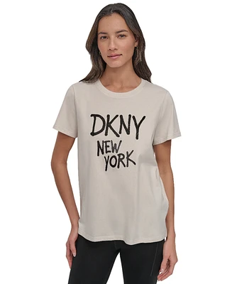 Dkny Women's Rhinestone Graffiti Relaxed Fit Round Neck T-Shirt