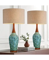 Rocco Mid Century Modern Table Lamps 30" Tall Set of 2 Blue Teal Glaze Ceramic Cherry Wood Tan Fabric Drum Shade for Bedroom Living Room Bedside