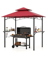 Outdoor Double-Tiered Grill Gazebo Canopy with 2 Shelves and 7 Hooks-Red