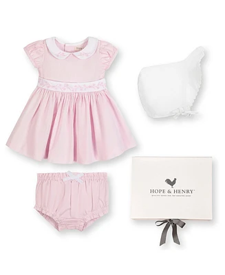 Hope & Henry Baby Short Sleeve Sateen Dress with Peter Pan Collar and Bonnet Boxed Gift Set, Infant