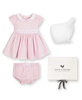 Hope & Henry Baby Short Sleeve Sateen Dress with Peter Pan Collar and Bonnet Boxed Gift Set, Infant