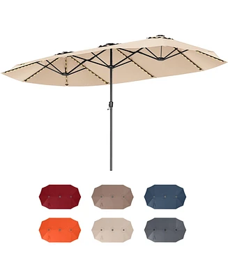 15.5 Ft Extra-Large Patio Umbrella with Led Solar Lights and Crank Handle-Beige