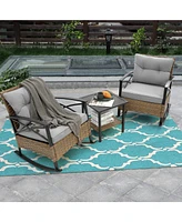 3-Piece Patio Conversation Set, Leisure Chair, Outdoor Rattan Rocking Chair Set Gray