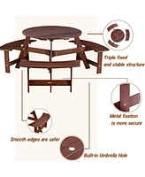 63 in. Brown Round Wood Picnic Table Seats 6 with Umbrella Hole