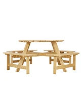 70 in. Natural Light Brown wood 8-Person Round Wooden Outdoor Picnic Table with 4 Built-in Benches and Umbrella Hole
