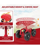Garden Rolling Workseat with 360° Swivel Seat and Adjustable Height-Red