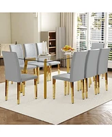 71" Rectangular Glass Dining Table Set with 8 Gray Pu Chairs