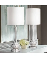 32" Tall Gourd Large Modern End Table Lamps Set of 2 Silver Brushed Steel Finish Metal White Shade Living Room Bedroom Bedside Nightstand House O