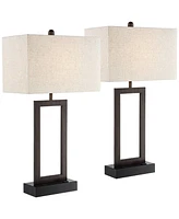 Todd Modern Table Lamps Set of 2 with Usb and Ac Power Outlet in Base 30" Tall Bronze Metal Oatmeal Fabric Rectangular Shade for Bedroom Living R
