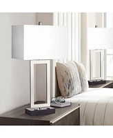 Todd 30" Tall Large Rectangular Modern End Table Lamps Set of 2 Usb Port Ac Power Outlet Silver Brushed Nickel Finish Metal Living Room Charging