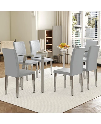 Glass Top Dining Set: Table & 6 Gray Pu Chairs