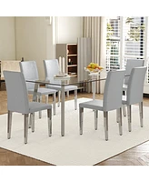 Glass Top Dining Set: Table & 6 Gray Pu Chairs