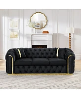 90.6" Velvet Button Tufted Chesterfield Sofa - Black