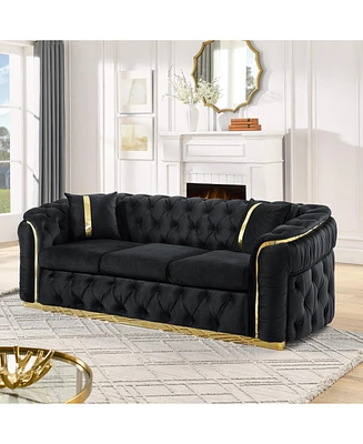 90.6" Velvet Button Tufted Chesterfield Sofa - Black