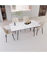 47-63" White Extendable Dining Set: Table & 4 Beige Chairs