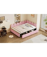 Full Size Upholstered Daybed with 2 Drawers, Velvet Sofabed with Soft Fabric Headboard, No Box-spring Needed, Beige