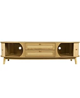 Rattan Tv Stand for Tvs up to 75'', Modern Farmhouse Media Console, Entertainment Center with Solid Wood Legs, TV Cabinet for Living Room,Home Theatre