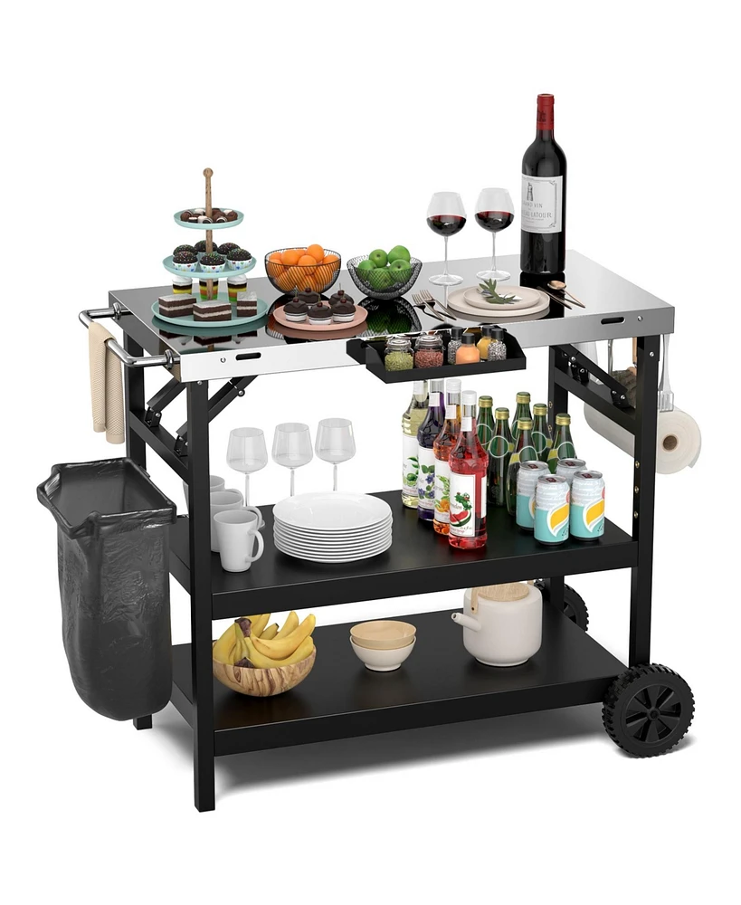 3 Tiers Foldable Outdoor Cart on 2 Wheels with Phone Holder