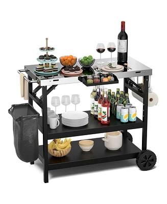 3 Tiers Foldable Outdoor Cart on 2 Wheels with Phone Holder