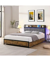 Queen Bed Frame with Storage, Charging Station, Led Lights, and Drawers
