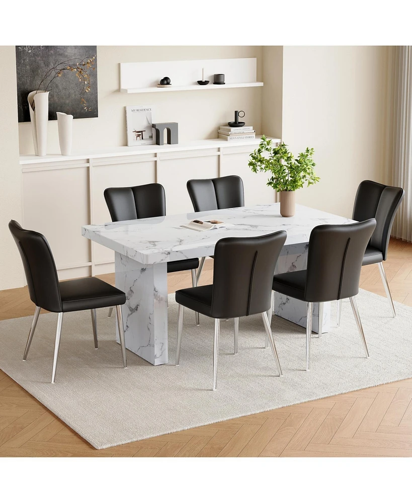 White Marble Dining Set with Black Stripe Chairs