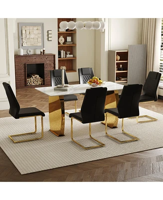 Snow Mountain White Sintered Stone Table & 6 Black Pu Chairs
