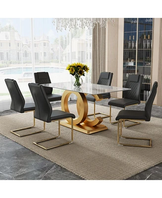 63" Glass Dining Set: Marble Table & 6 Black/Gold Chairs