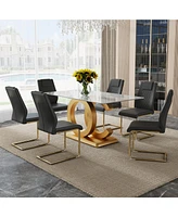 63" Glass Dining Set: Marble Table & 6 Black/Gold Chairs