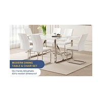 71" White Dining Table Set with 6 Pu Chairs