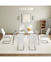 71" Rectangular Glass Table & 6 White Pu Chairs