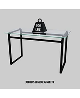 51" Glass Dining Table Set, Black Metal Legs & Pu Chairs