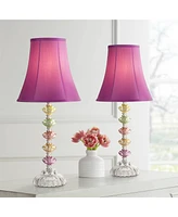 Bohemian Traditional Chic Style Accent Table Lamps 21" High Set of 2 Multi Colored Stacked Glass Deep Pink Bell Shade Decor for Kids Girls Room B