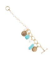 Barse Genuine Turquoise Magnesite and White Cultivated Pearl Multi Charm Bracelet